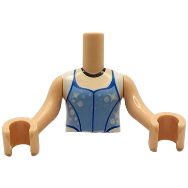 light nougat torso mini doll girl bright light blue top with white cap sleeves blue trim white dots and sparkles black necklace pattern light nougat arms with hands