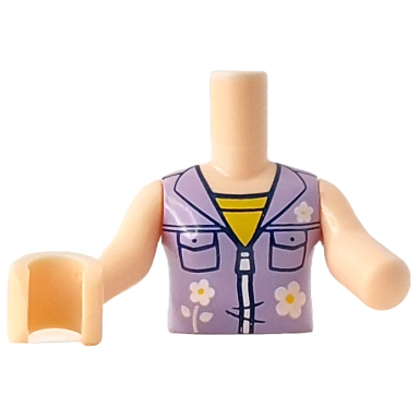 light nougat torso mini doll girl lavender sleeveless jacket with dark blue pockets and white flowers and zipper over yellow top pattern light nougat arm left light nougat arm with hand right