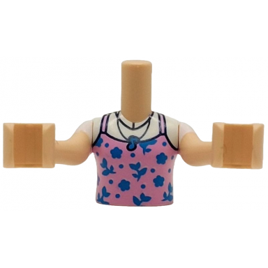 light nougat torso mini doll girl bright pink tank top with dark azure flowers and music note necklace over white t-shirt pattern light nougat arms with hands with white short sleeves