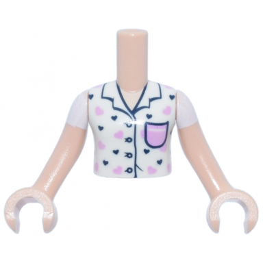 light nougat torso mini doll girl white pajama top with hearts bright pink pocket and dark blue trim and buttons pattern light nougat arms with hands with white short sleeves