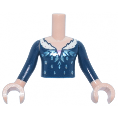 light nougat torso mini doll girl dark blue dress top with metallic light blue snowflake and white fur collar with metallic pink dots pattern light nougat arms with hands with dark blue long sleeves