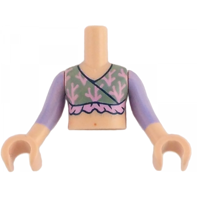 light nougat torso mini doll girl sand green top with bright pink twigs and ruffle pattern light nougat arms with hands with lavender long sleeves