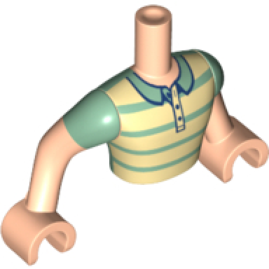 light nougat torso mini doll man tan and sand green striped polo shirt pattern light nougat arms with hands with sand green short sleeves