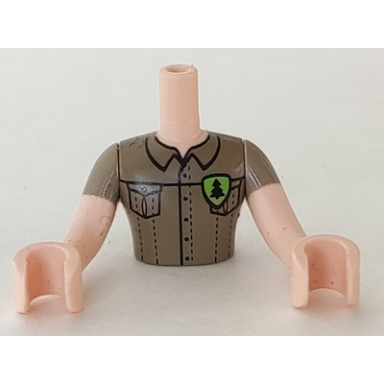 light nougat torso mini doll man dark tan shirt with pockets and green badge with tree pattern light nougat arms with hands with dark tan sleeves