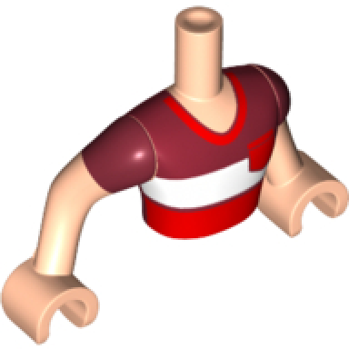 light nougat torso mini doll man dark red and white striped v-neck shirt pattern light nougat arms with hands with dark red short sleeves