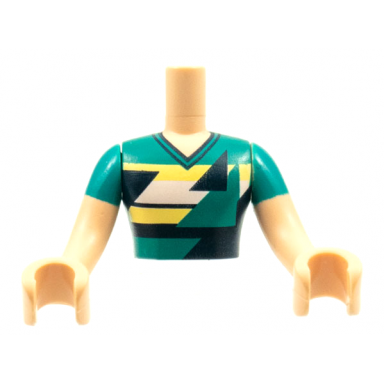 light nougat torso mini doll man dark turquoise shirt with dark blue triangles pattern light nougat arms with hands with dark turquoise sleeves