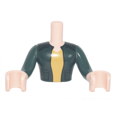light nougat torso mini doll man dark green jacket over yellow shirt pattern light nougat arms with hands with dark green sleeves