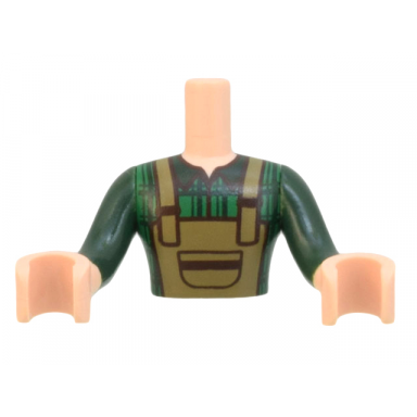 light nougat torso mini doll man dark green plaid shirt and dark tan overalls pattern light nougat arms with hands with dark green sleeves
