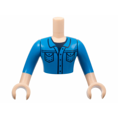 light nougat torso mini doll man dark azure button up shirt with pockets over dark blue t-shirt pattern light nougat arms with hands with dark azure sleeves