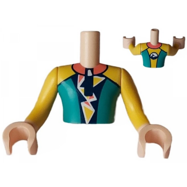 light nougat torso mini doll man dark turquoise yellow and dark blue wetsuit with coral collar yellow and coral triangles and dolphin whale logo on back pattern light nougat arms with hands