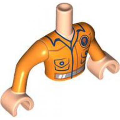 light nougat torso mini doll man orange construction vest with pockets and dark blue trim silver reflective stripe saw blade on back pattern light nougat arms with hands with orange long sleeves