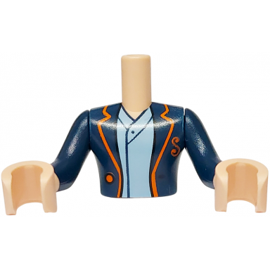 light nougat torso mini doll man dark blue open jacket orange hem button and letter s medium blue shirt pattern light nougat arms with hands with dark blue long sleeves