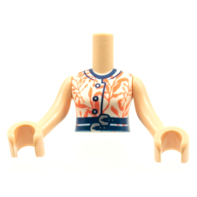 light nougat torso mini doll woman white top with coral leaves 2 dark blue belts with silver buckles pattern light nougat arms with hands