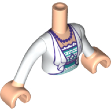 light nougat torso mini doll woman white jacket dark turquoise and dark purple shirt necklace pattern light nougat arms with hands with white sleeves