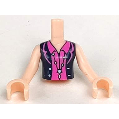 light nougat torso mini doll woman dark blue vest open with light aqua buttons over dark pink shirt with collar long necklace with star pattern light nougat arms with hands