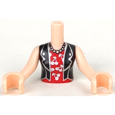 light nougat torso mini doll woman black vest over red shirt with cherries short necklace pattern light nougat arms with hands