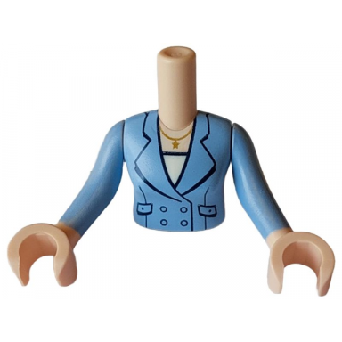 light nougat torso mini doll woman bright light blue jacket with black pockets buttons and collar gold necklace with star over white shirt pattern light nougat arms with hands with bright light blue long sleeves