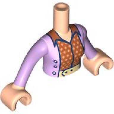 light nougat torso mini doll woman lavender jacket over checkered dark orange and bright light orange shirt with tan belt pattern light nougat arms with hands with lavender long sleeves
