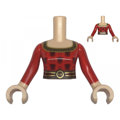 light nougat torso mini doll woman red dress top with dark red hearts gold neck trim and belt with buckle and 2 stripes pattern light nougat arms with hands with red long sleeves