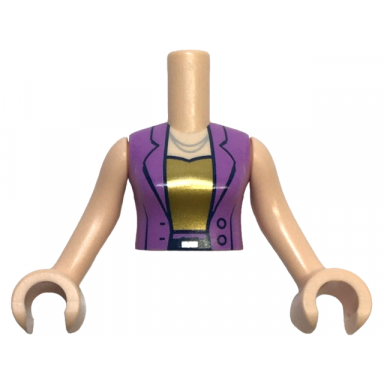 light nougat torso mini doll woman medium lavender open vest with buttons over gold top dark blue belt silver buckle and necklace pattern light nougat arms with hands