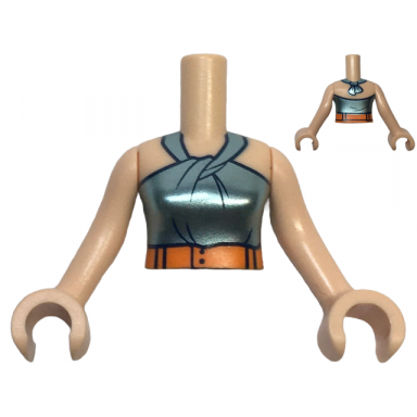 light nougat torso mini doll woman metallic light blue halter top with dark blue trim and orange belt pattern light nougat arms with hands