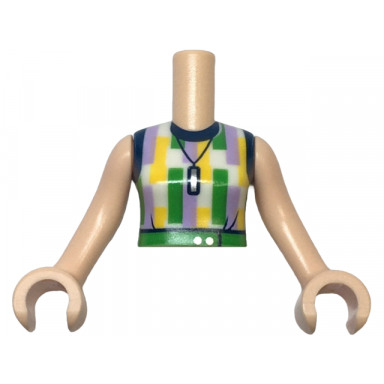 light nougat torso mini doll woman white sleeveless top with dark blue trim lavender yellow and green rectangles belt and silver necklace pattern light nougat arms with hands