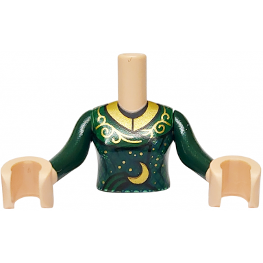 light nougat torso mini doll woman dress top gold collar sparkles filigree and crescent moon pattern light nougat arms with hands with dark green long sleeves