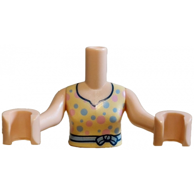 light nougat torso mini doll woman bright light yellow dress top black trim bright light blue and bright pink dots belt with bow pattern light nougat arms with hands
