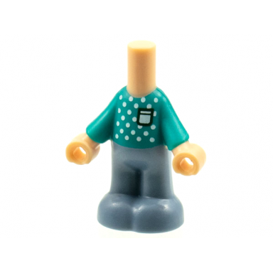 light nougat micro doll body with molded dark turquoise top and sand blue pants and printed white dots and pocket pattern