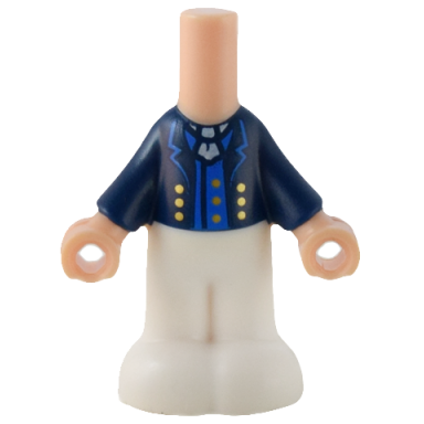 light nougat micro doll body with molded dark blue top and white pants and printed jacket open with lapels and gold buttons over blue vest white ascot pattern