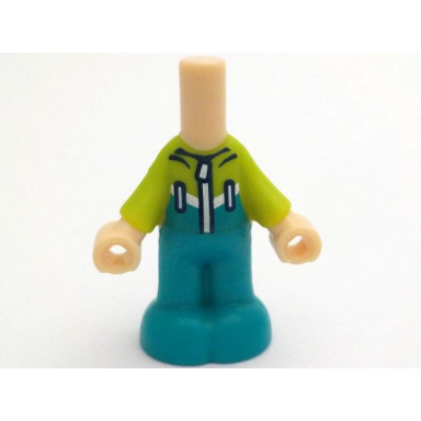 light nougat micro doll body with molded lime top and dark turquoise pants and printed ski suit with white stripe zipper and pockets pattern