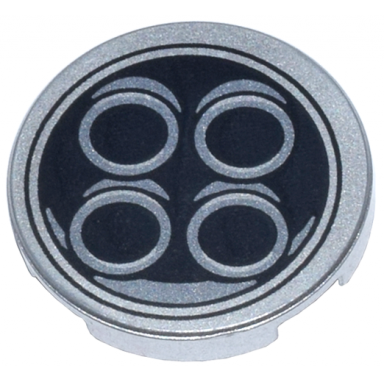 metallic silver tile round 2 x 2 with bottom stud holder with 4 exhaust pipes in black circle pattern