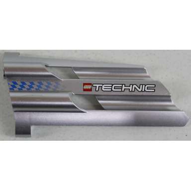 metallic silver technic panel fairing 4 large long large holes side b with lego technic logo and fading blue checkered pattern sticker - set 8458