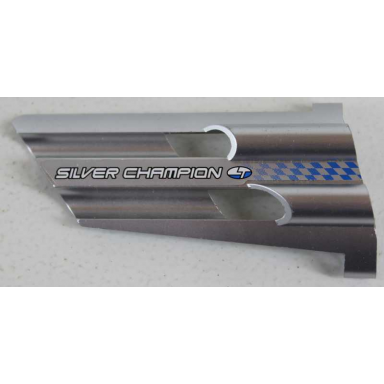 metallic silver technic panel fairing 4 large long large holes side b with white silver champion and fading blue checkered pattern sticker - set 8458