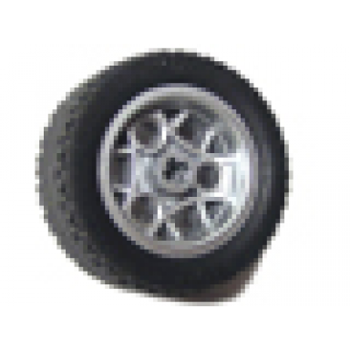 metallic silver wheel 30.4mm d x 20mm with 3 pin holes with black tire 43.2 x 22 zr 44292 44309