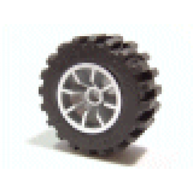 metallic silver wheel 18mm d x 14mm spoked with black tire 30.4 x 14 offset tread 51377 30391