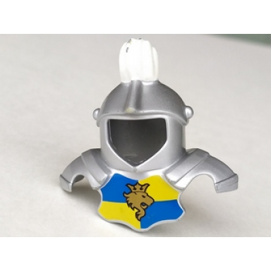 metallic silver duplo wear head armor with white top feather and blue and yellow breastplate with lion and crown pattern