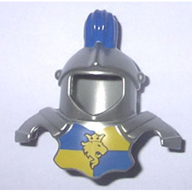 metallic silver duplo wear head armor with blue top feather and blue and yellow breastplate with lion and crown pattern
