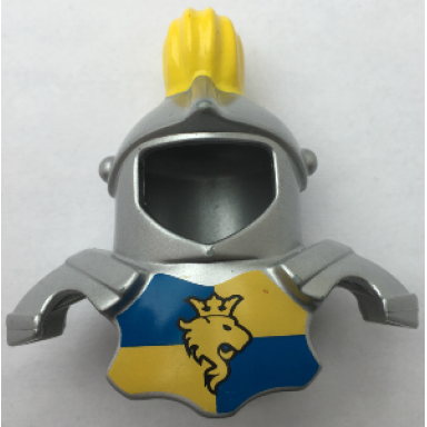 metallic silver duplo wear head armor with yellow top feather and blue and yellow breastplate with lion and crown pattern