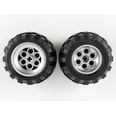 metallic silver wheel 36.8mm d x 26mm vr with axle hole with black tire 56 x 30 r balloon 6595 32180