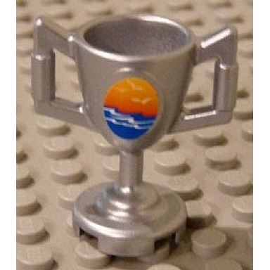 metallic silver minifigure utensil trophy cup with ocean waves and seagulls pattern sticker - set 8897