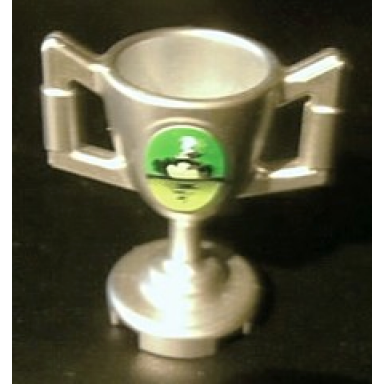 metallic silver minifigure utensil trophy cup with world racer and smoke on green and lime background pattern sticker - set 8899