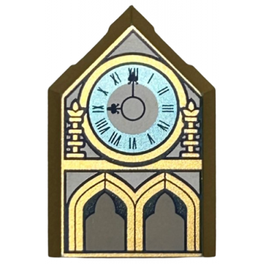 metallic gold tile modified 2 x 3 pentagonal with clock with metallic light blue face roman numerals and arches pattern