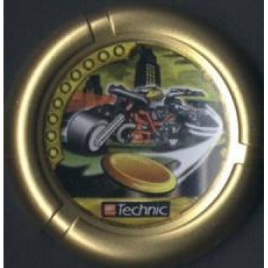 metallic gold throwing disk with throwbot millennia slizer millennium 9 pips lego technic logo and robot on motorcycle throwing disk pattern