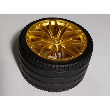 metallic gold wheel 62.3mm d x 42mm technic racing large with 10 y spokes with black tire 81.6 x 44 zr technic straight tread 68577 23799