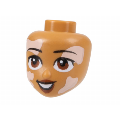 mini doll head friends with black eyebrows reddish brown eyes and lips light nougat vitiligo patches and open mouth smile with teeth pattern
