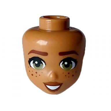mini doll head friends with reddish brown eyebrows and freckles olive green eyes dark orange lips and open mouth smile with teeth pattern