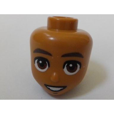 medium nougat mini doll head friends with dark brown thick eyebrows reddish brown eyes chin dimple and open mouth smile with teeth pattern