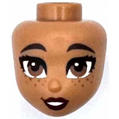 medium nougat mini doll head friends with dark brown eyebrows medium brown eyes and freckles dark red lips open mouth smile with teeth pattern