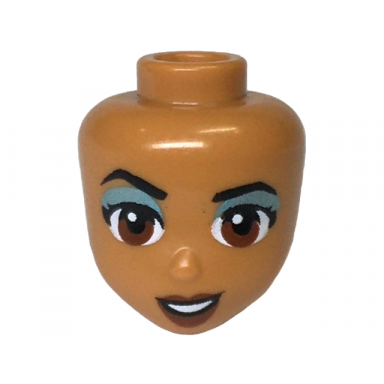 medium nougat mini doll head friends with black eyebrows reddish brown eyes and lips metallic light blue eye shadow open mouth pattern